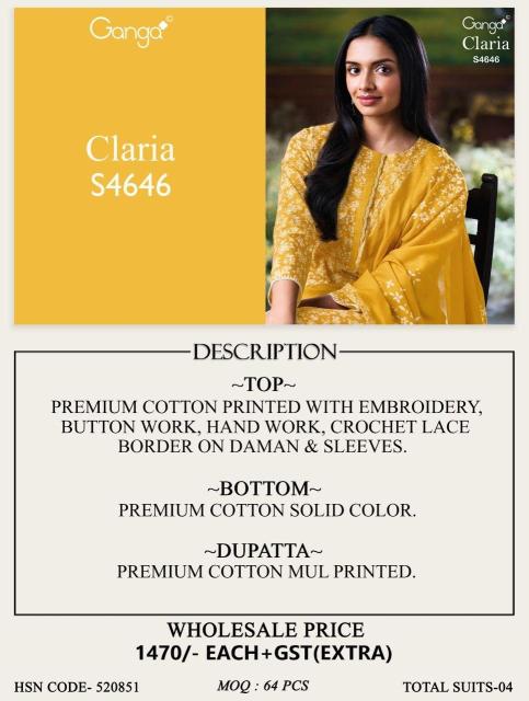 Ganga claria 4646 cotton embroidered dress material wholesale